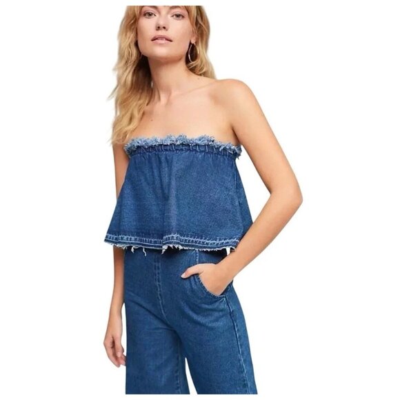 Anthropologie JOA Los Angeles Denim Strapless Jumpsuit With Frayed Hemline Med - Picture 1 of 9
